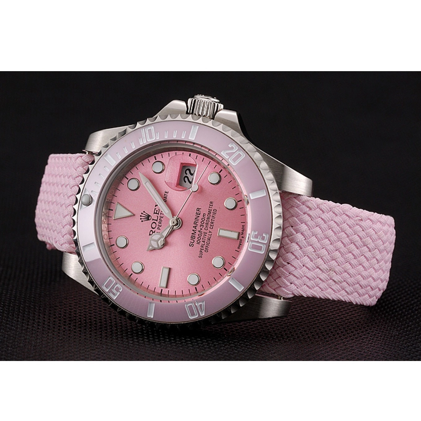 Aaa fake watches Submariner Bracelet Fabric Pink 1453866 Bezel Pink Rolex Dial Pink 0518